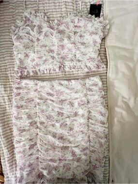 Two-Piece Floral Ruffle Crop Top + Skirt Set - White with Light Lavender Floral